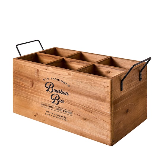 American Art Decor The Bourbon Bar Wood Crate Bottle Holder with Metal Handles - 7" x 14" x 8"